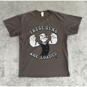 Popeye Shirt Mens Medium Brown These Guns Are Loaded‎ Graphic Cartoon Comic Tee